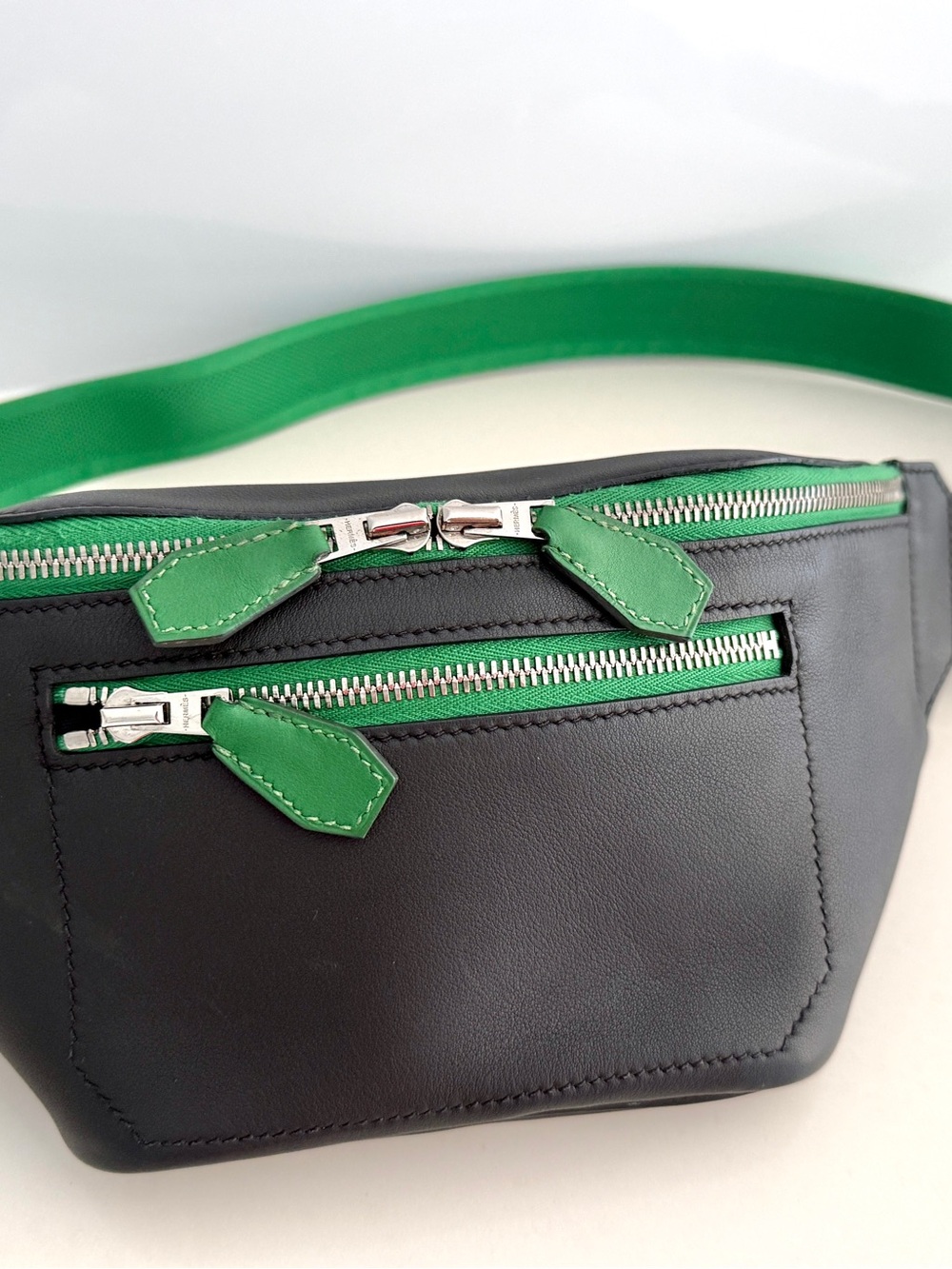 Hermes Black Leather Belt waist Bag with Green Accents zipper Cityslide PM